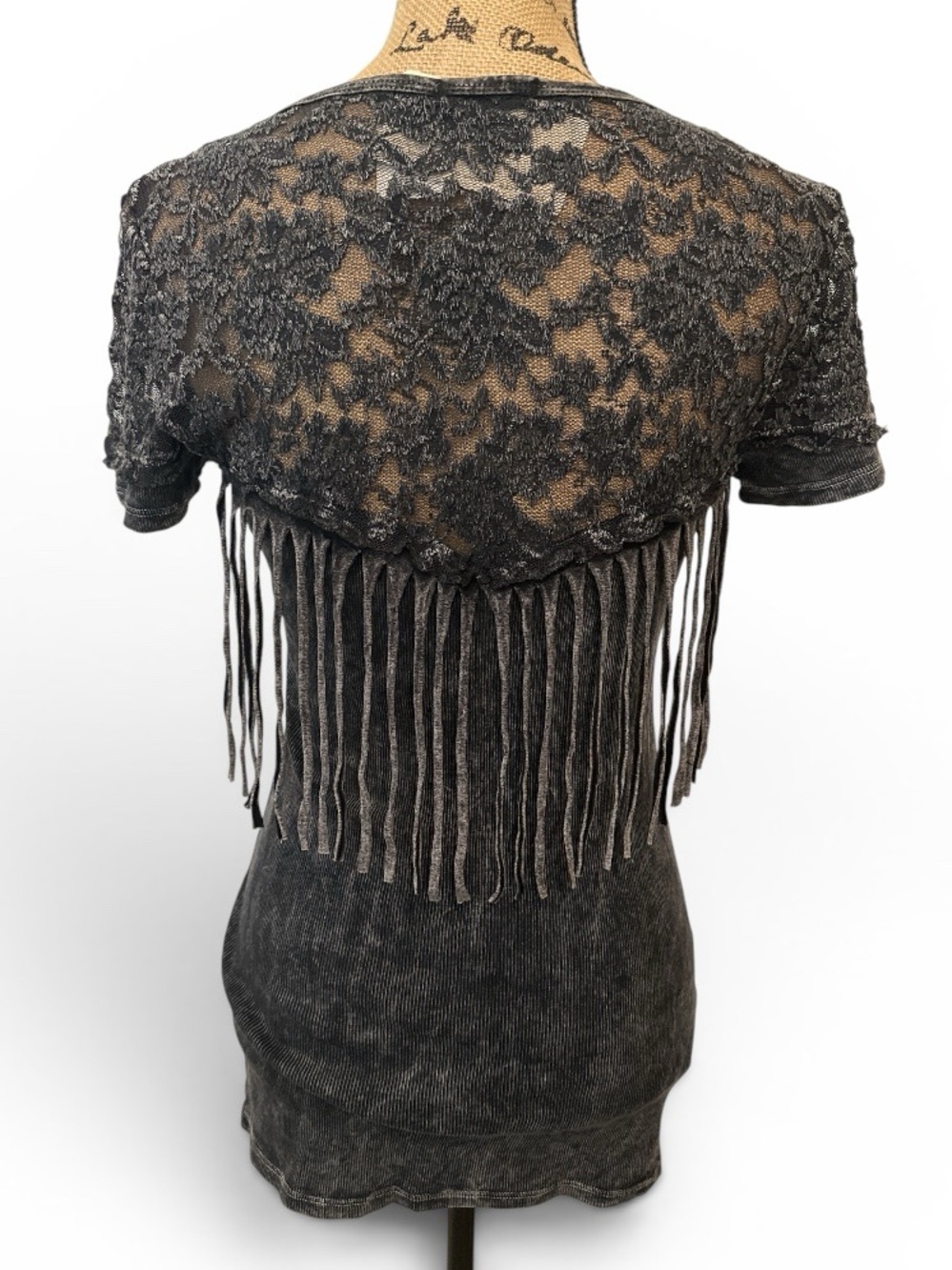 T Party Fashion Black Lace Fringe Short Sleeve Top